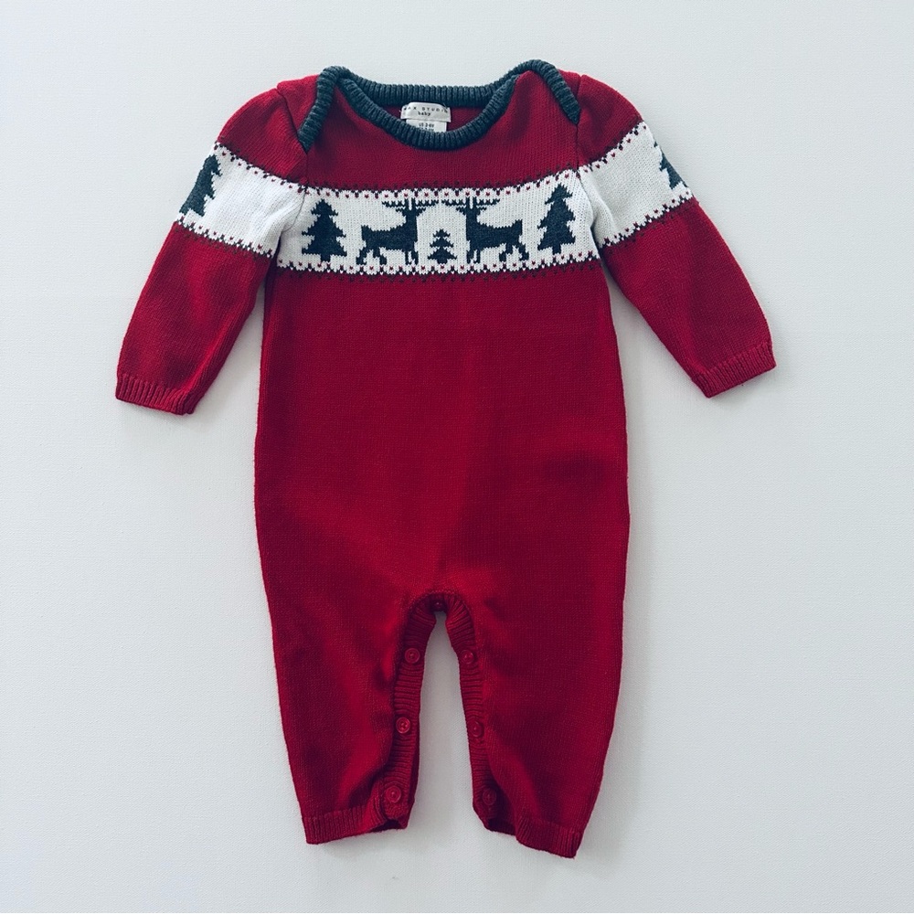 Max Studio 3-6 Months Baby Holiday Christmas Romper Reindeer Tree Red